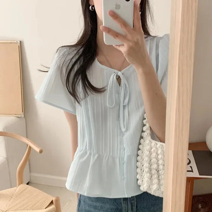 New round Ne ort Sve irt Women's Gentle Faion Sweet Simple Slimming Versatile Tie Waist Top Commute Sle Pure Color
