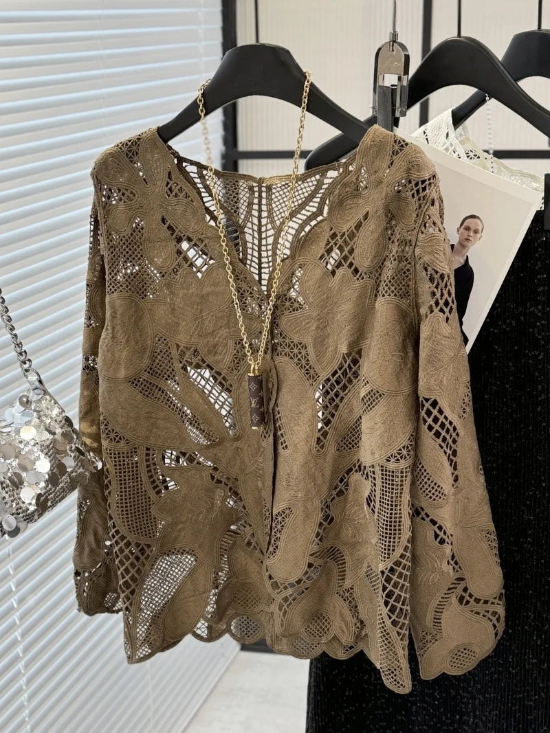 French Style Lace Shirts For Women Spring/Summer New Chic Embroidery Single Breasted Hollow Out Coats Elegant Long Sleeves Tops