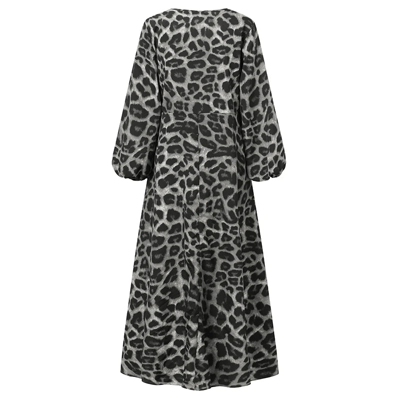 Vintage Women Long Sleeve Leopard Dresses ZANZEA Autumn Sundress Fashion Maxi Long Dress Party Vestidos Female V Neck Print Robe