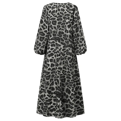 Vintage Women Long Sleeve Leopard Dresses ZANZEA Autumn Sundress Fashion Maxi Long Dress Party Vestidos Female V Neck Print Robe