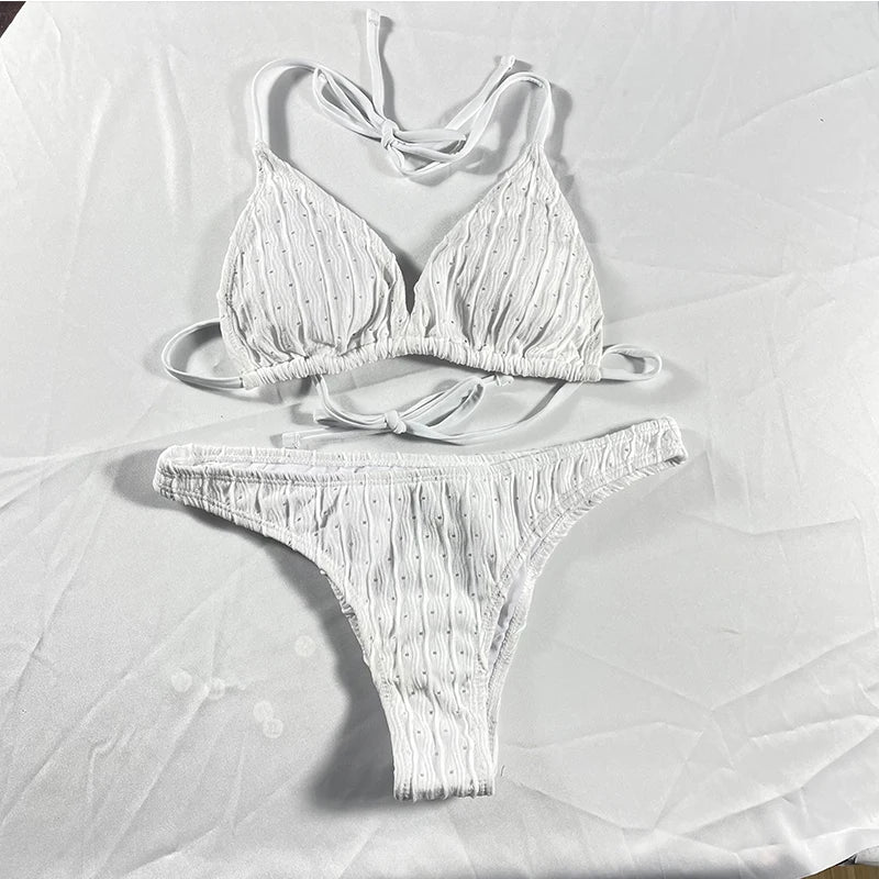 Sexy 2025 Jacquard Drawstring Two Piece Swimsuit Female Swimwear Women Bikini Set Bather Swimming Beachwear for Bathing Suit