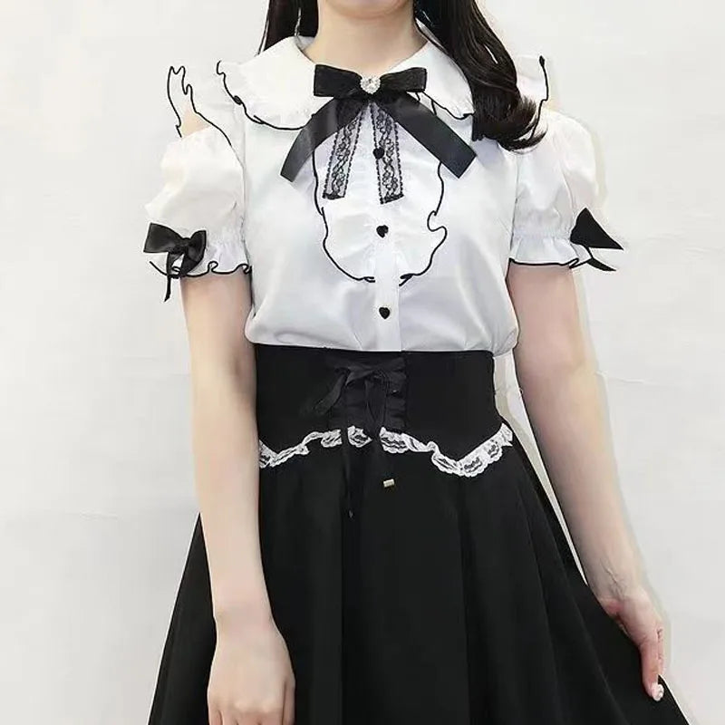 Kawaii Womens Shirts Lolita Y2K Cute Japanese Style Blouse Elegant Long Sleeve Sweet Tops Casual Office Ladies Aesthetic Shirt