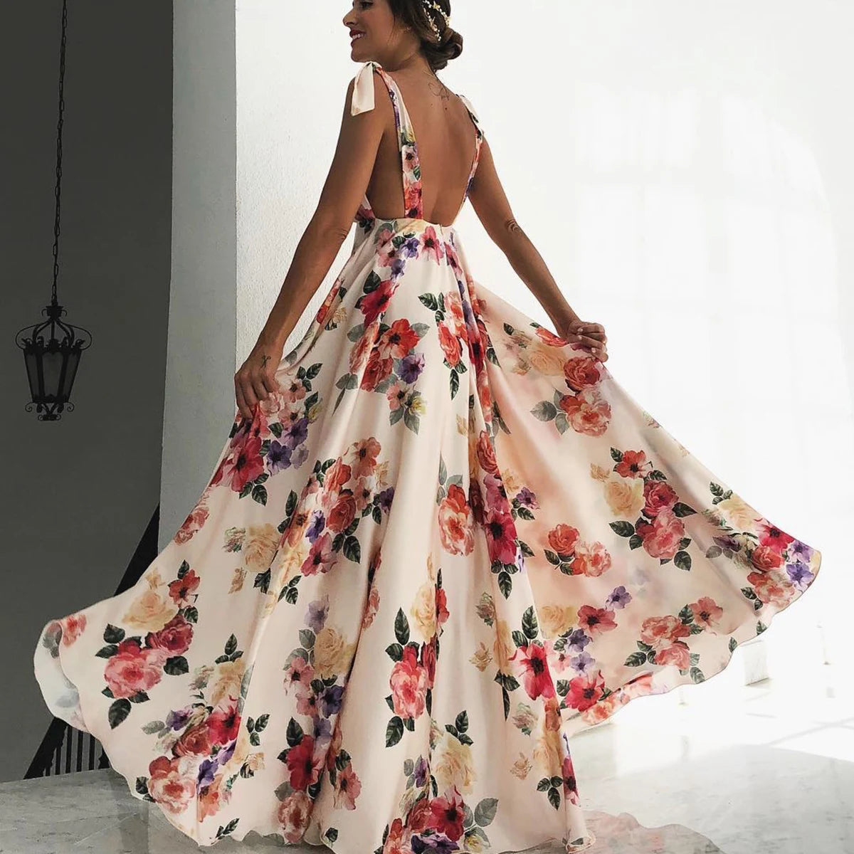 Boho style long dress Beach holiday dress halter maxi print dress Summer slip dress women's dress
