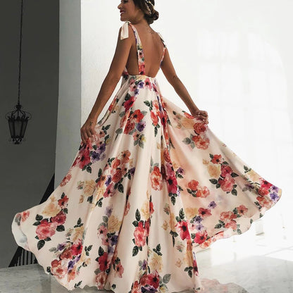 Boho style long dress Beach holiday dress halter maxi print dress Summer slip dress women's dress