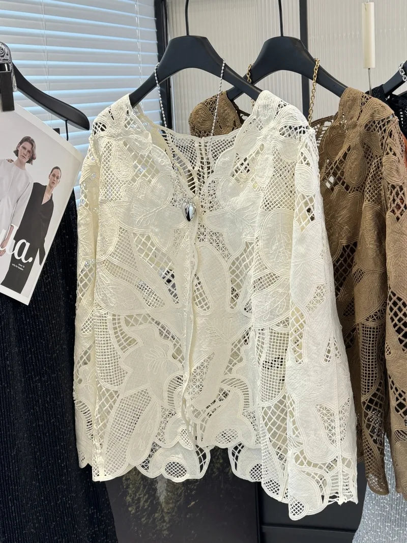 French Style Lace Shirts For Women Spring/Summer New Chic Embroidery Single Breasted Hollow Out Coats Elegant Long Sleeves Tops