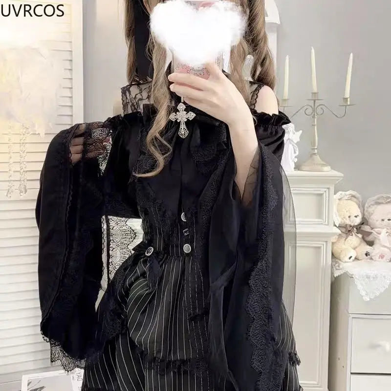 Gothic Y2k Lolita Style Shirts Women Kawaii Ruffled Collar Flare Long Sleeves Blouse Female Japanese Victorian Vintage Slim Tops