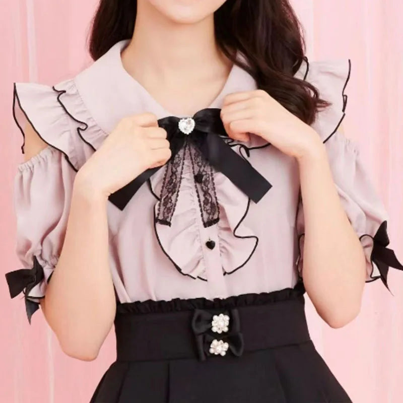 Kawaii Womens Shirts Lolita Y2K Cute Japanese Style Blouse Elegant Long Sleeve Sweet Tops Casual Office Ladies Aesthetic Shirt