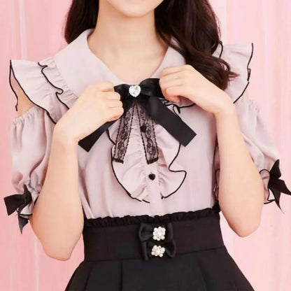 Kawaii Womens Shirts Lolita Y2K Cute Japanese Style Blouse Elegant Long Sleeve Sweet Tops Casual Office Ladies Aesthetic Shirt