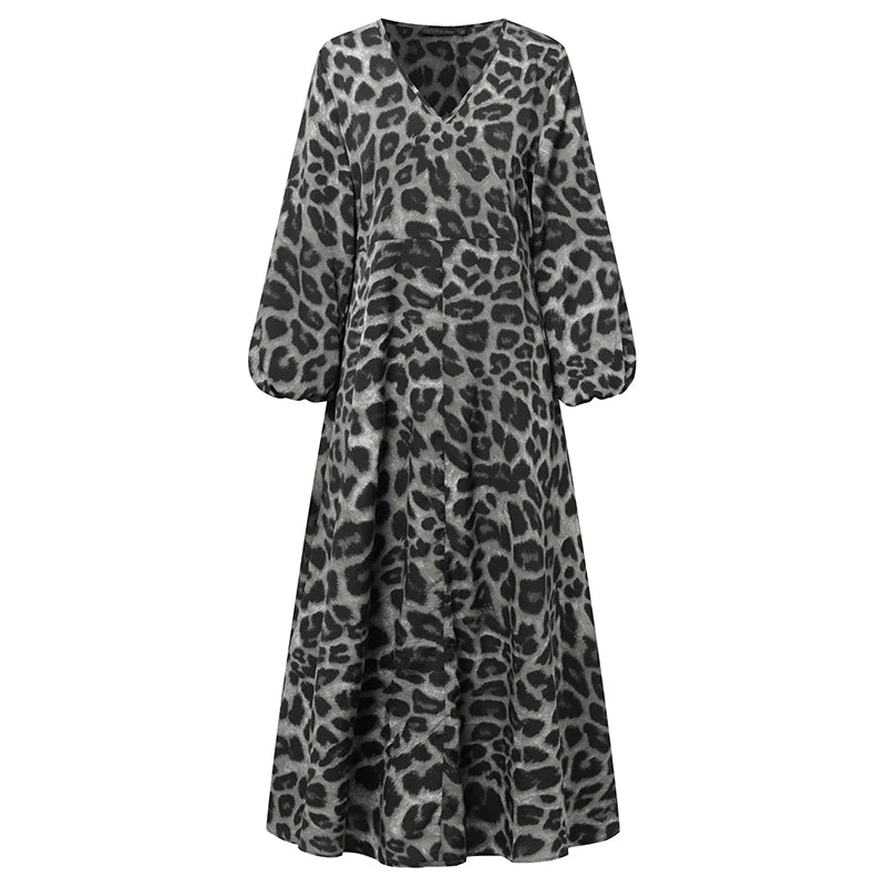 Vintage Women Long Sleeve Leopard Dresses ZANZEA Autumn Sundress Fashion Maxi Long Dress Party Vestidos Female V Neck Print Robe