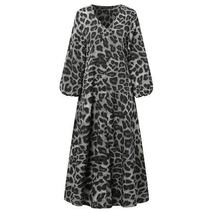 Vintage Women Long Sleeve Leopard Dresses ZANZEA Autumn Sundress Fashion Maxi Long Dress Party Vestidos Female V Neck Print Robe