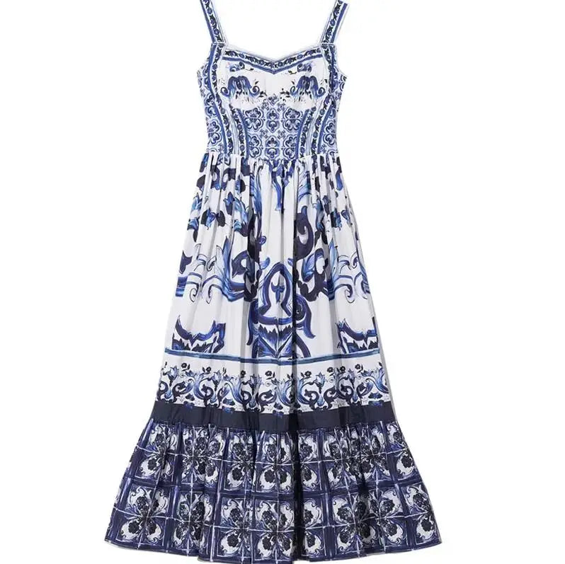 Women's V-Neck Red Blue and White Print Spaghetti Strap Holiday Maxi Dress Summer Runway Floral Print Vacation Long Robes