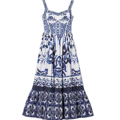 Women's V-Neck Red Blue and White Print Spaghetti Strap Holiday Maxi Dress Summer Runway Floral Print Vacation Long Robes