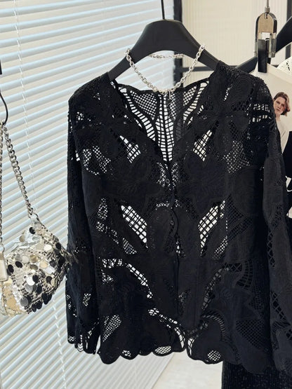 French Style Lace Shirts For Women Spring/Summer New Chic Embroidery Single Breasted Hollow Out Coats Elegant Long Sleeves Tops