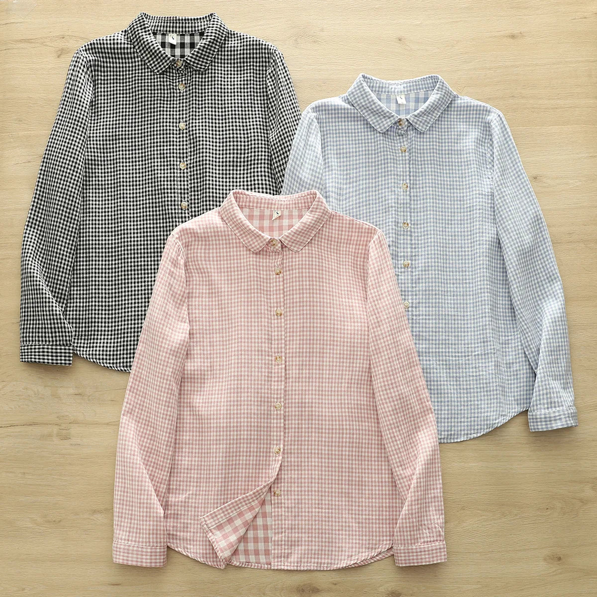 2025 Plus size women clothes mori girl spring summer fresh design pink orange blue check blouses women's plaid shirts