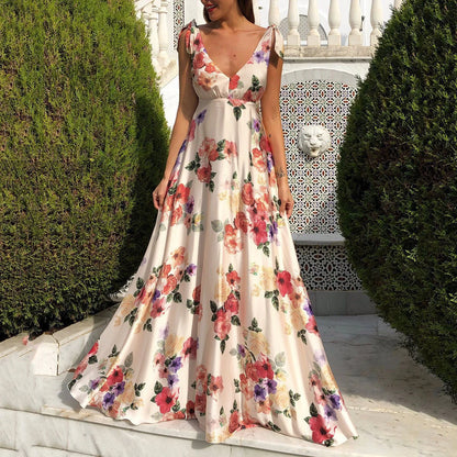 Boho style long dress Beach holiday dress halter maxi print dress Summer slip dress women's dress
