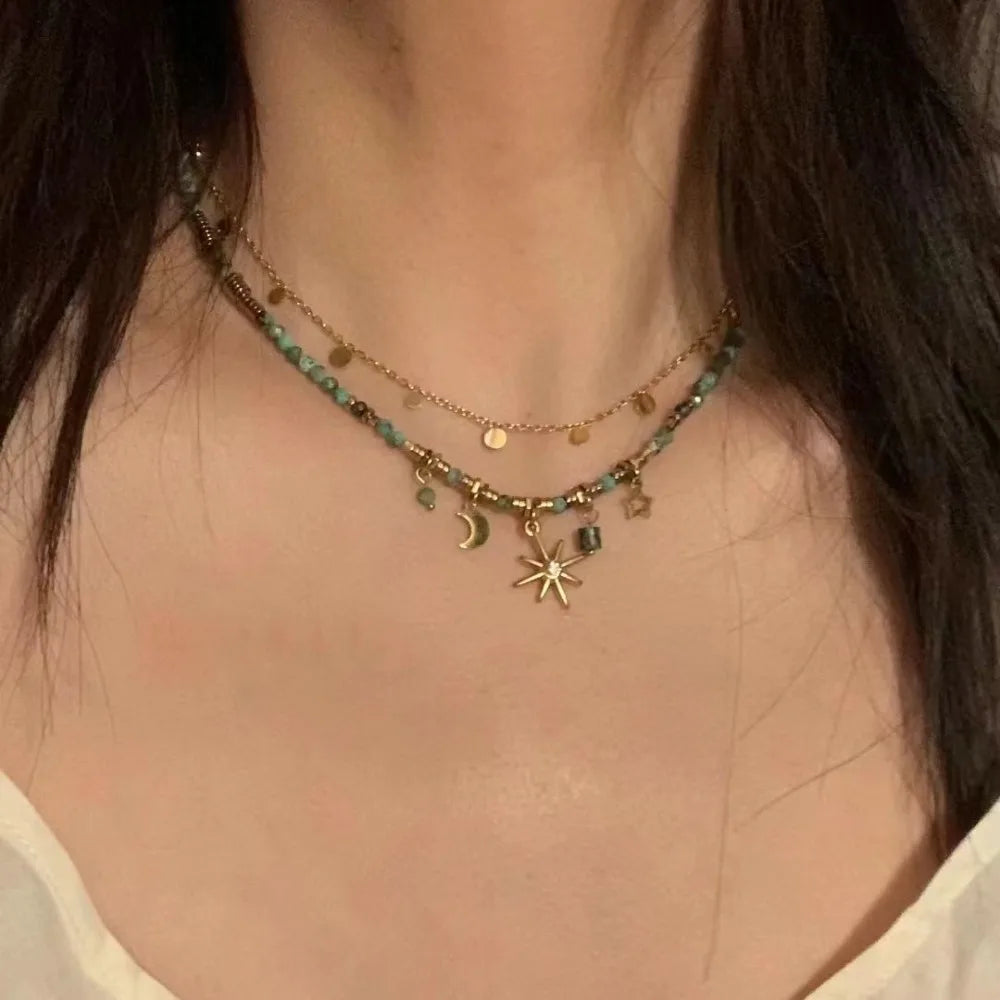 Vintage Beaded Necklace for Women Bohemian Sunflower NicheDesign Lockbone Chain Necklace Sweater Chain Jewelry Accessories