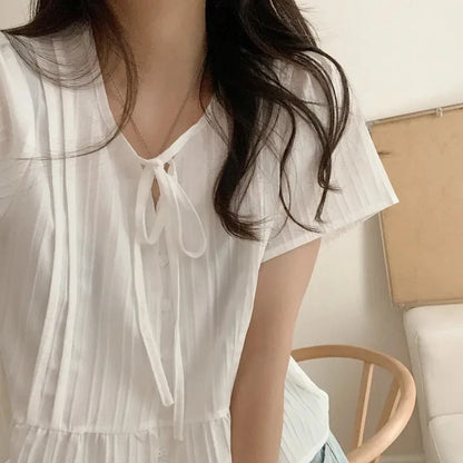 New round Ne ort Sve irt Women's Gentle Faion Sweet Simple Slimming Versatile Tie Waist Top Commute Sle Pure Color