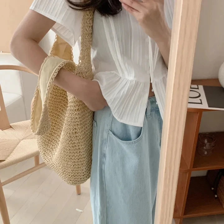 New round Ne ort Sve irt Women's Gentle Faion Sweet Simple Slimming Versatile Tie Waist Top Commute Sle Pure Color