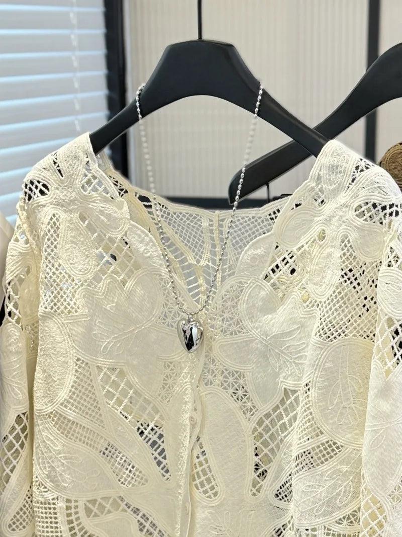 French Style Lace Shirts For Women Spring/Summer New Chic Embroidery Single Breasted Hollow Out Coats Elegant Long Sleeves Tops