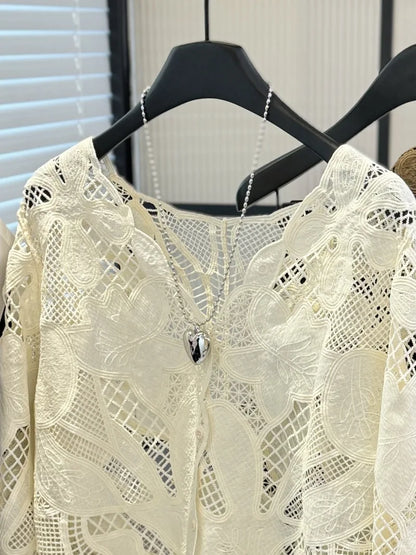 French Style Lace Shirts For Women Spring/Summer New Chic Embroidery Single Breasted Hollow Out Coats Elegant Long Sleeves Tops