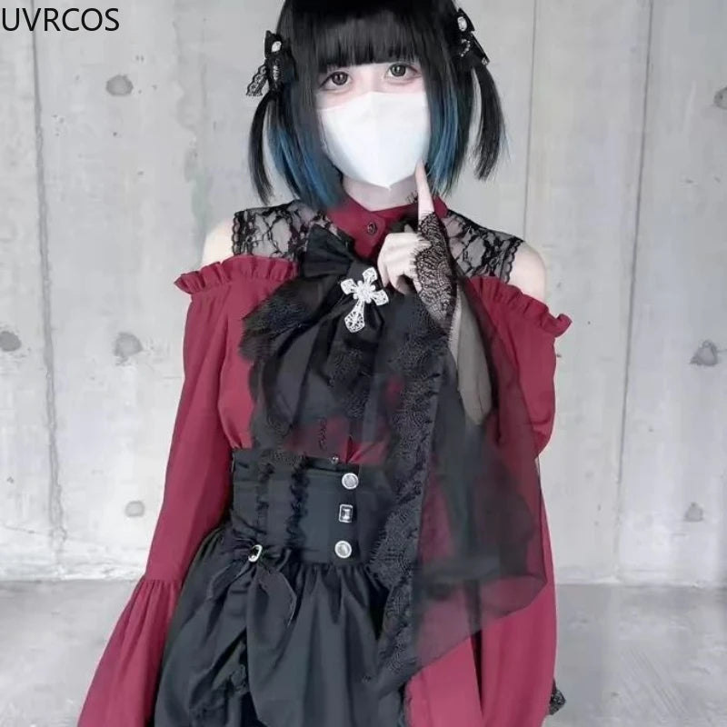 Gothic Y2k Lolita Style Shirts Women Kawaii Ruffled Collar Flare Long Sleeves Blouse Female Japanese Victorian Vintage Slim Tops