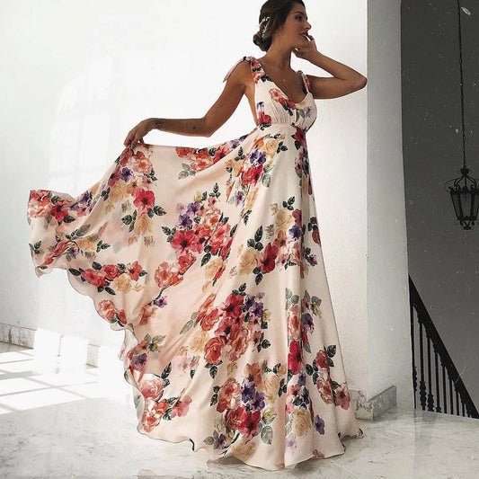Boho style long dress Beach holiday dress halter maxi print dress Summer slip dress women's dress