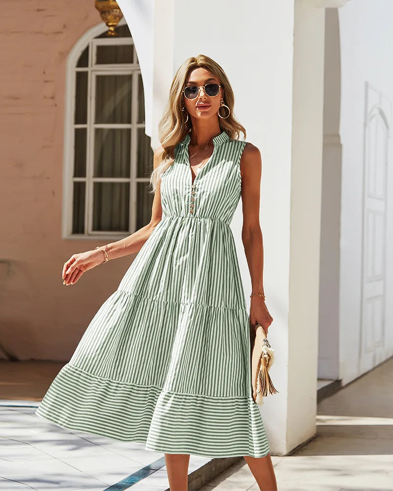 Striped Shirt Dress Women Sleeveless V-Neck Long Dresses Summer Casual Buttons A-Line Beach Holiday Dresses Female Clothing