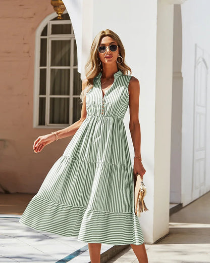 Striped Shirt Dress Women Sleeveless V-Neck Long Dresses Summer Casual Buttons A-Line Beach Holiday Dresses Female Clothing