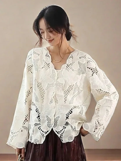 French Style Lace Shirts For Women Spring/Summer New Chic Embroidery Single Breasted Hollow Out Coats Elegant Long Sleeves Tops