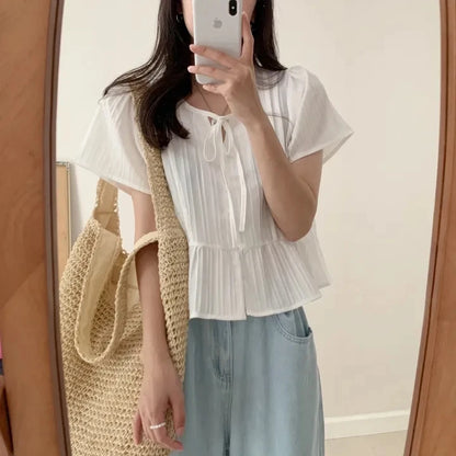 New round Ne ort Sve irt Women's Gentle Faion Sweet Simple Slimming Versatile Tie Waist Top Commute Sle Pure Color