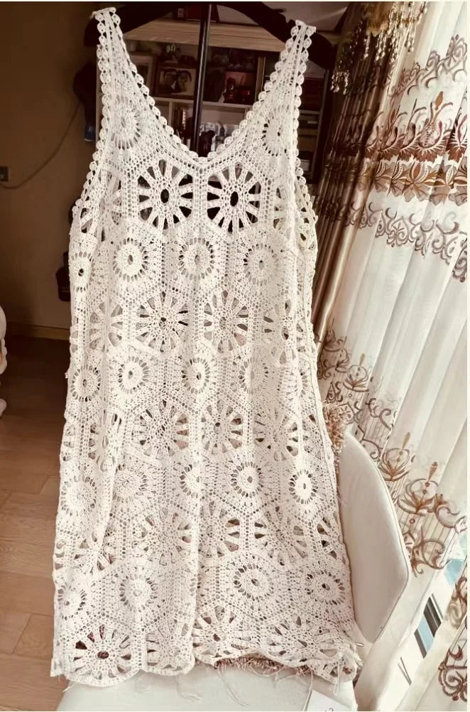 3D Flower Knitted Sling Long Dress Women Sexy Deep V-neck Backless Sleeveless Lace Up Femme Robes 2024 Summer Beach Dresses