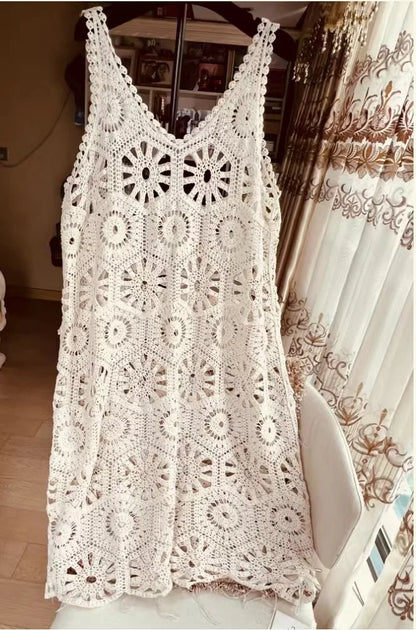 3D Flower Knitted Sling Long Dress Women Sexy Deep V-neck Backless Sleeveless Lace Up Femme Robes 2024 Summer Beach Dresses