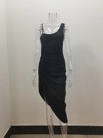 2024 AliExpress European and American crossborder solid color sexy slitlong skirt shirred one-shoulder evening dress skirt women