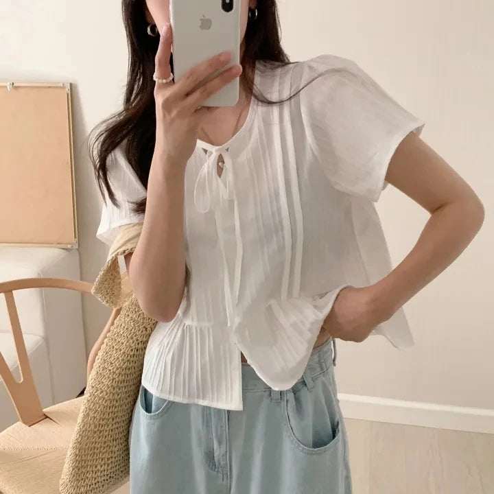 New round Ne ort Sve irt Women's Gentle Faion Sweet Simple Slimming Versatile Tie Waist Top Commute Sle Pure Color