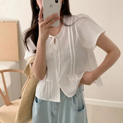 New round Ne ort Sve irt Women's Gentle Faion Sweet Simple Slimming Versatile Tie Waist Top Commute Sle Pure Color
