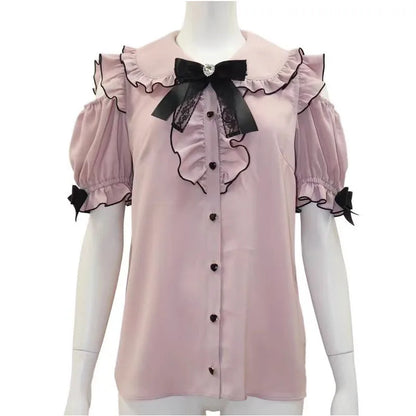 Kawaii Womens Shirts Lolita Y2K Cute Japanese Style Blouse Elegant Long Sleeve Sweet Tops Casual Office Ladies Aesthetic Shirt