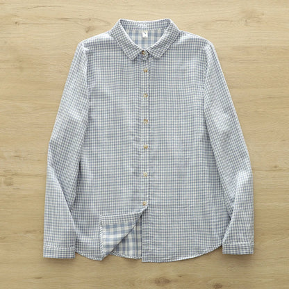 2025 Plus size women clothes mori girl spring summer fresh design pink orange blue check blouses women's plaid shirts
