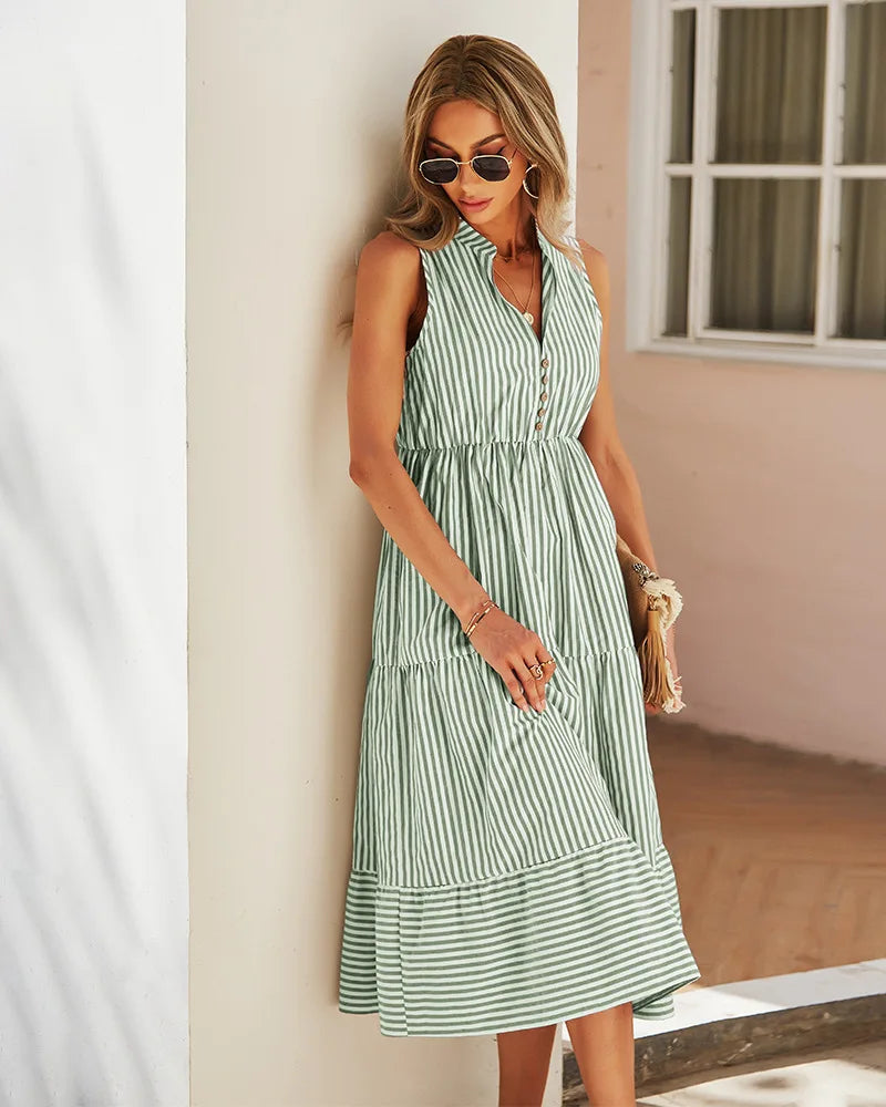 Striped Shirt Dress Women Sleeveless V-Neck Long Dresses Summer Casual Buttons A-Line Beach Holiday Dresses Female Clothing