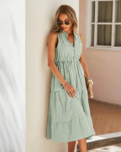 Striped Shirt Dress Women Sleeveless V-Neck Long Dresses Summer Casual Buttons A-Line Beach Holiday Dresses Female Clothing