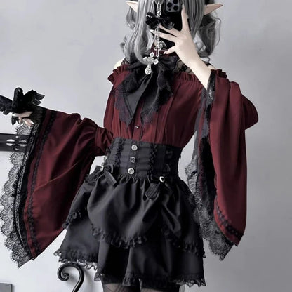 Gothic Y2k Lolita Style Shirts Women Kawaii Ruffled Collar Flare Long Sleeves Blouse Female Japanese Victorian Vintage Slim Tops