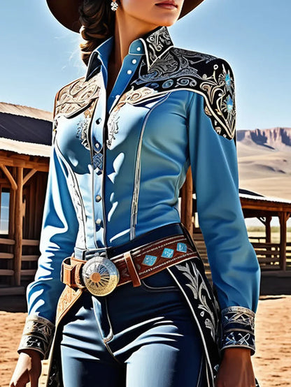 American Retro Shirt for Women Ethnic Western Printed Puff Sleeve Turn Down Collar Corset Patchwork Casual Blouse Shirts Top