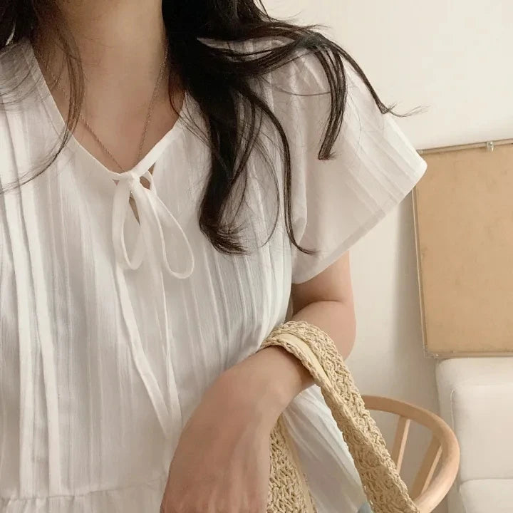 New round Ne ort Sve irt Women's Gentle Faion Sweet Simple Slimming Versatile Tie Waist Top Commute Sle Pure Color