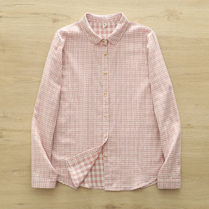 2025 Plus size women clothes mori girl spring summer fresh design pink orange blue check blouses women's plaid shirts