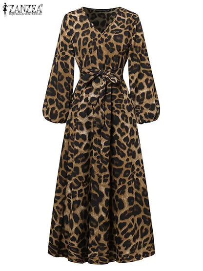 Vintage Women Long Sleeve Leopard Dresses ZANZEA Autumn Sundress Fashion Maxi Long Dress Party Vestidos Female V Neck Print Robe