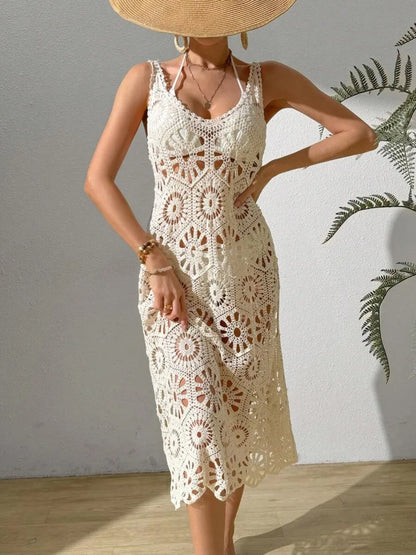 3D Flower Knitted Sling Long Dress Women Sexy Deep V-neck Backless Sleeveless Lace Up Femme Robes 2024 Summer Beach Dresses