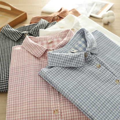 2025 Plus size women clothes mori girl spring summer fresh design pink orange blue check blouses women's plaid shirts