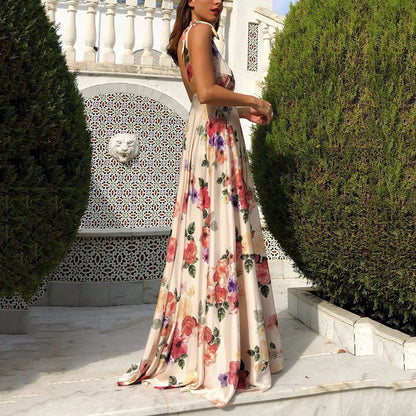 Boho style long dress Beach holiday dress halter maxi print dress Summer slip dress women's dress