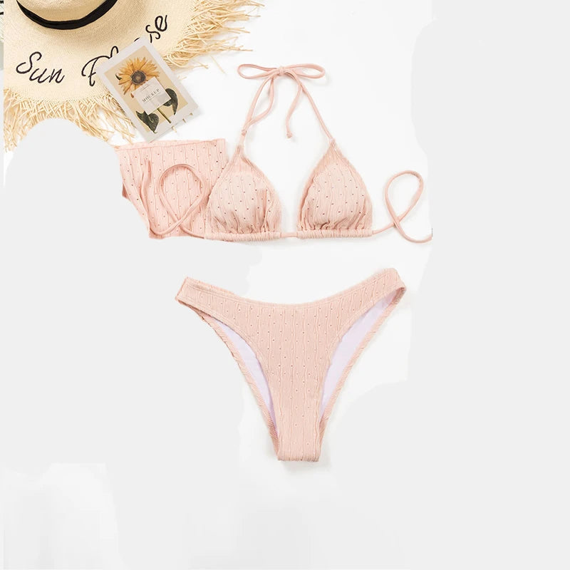 Sexy 2025 Jacquard Drawstring Two Piece Swimsuit Female Swimwear Women Bikini Set Bather Swimming Beachwear for Bathing Suit