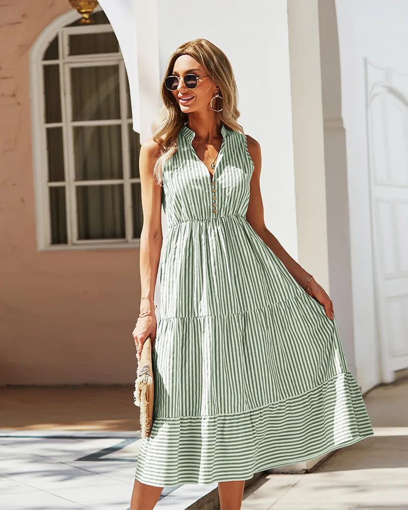 Striped Shirt Dress Women Sleeveless V-Neck Long Dresses Summer Casual Buttons A-Line Beach Holiday Dresses Female Clothing