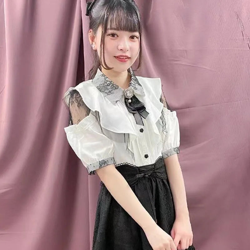 Kawaii Womens Shirts Lolita Y2K Cute Japanese Style Blouse Elegant Long Sleeve Sweet Tops Casual Office Ladies Aesthetic Shirt